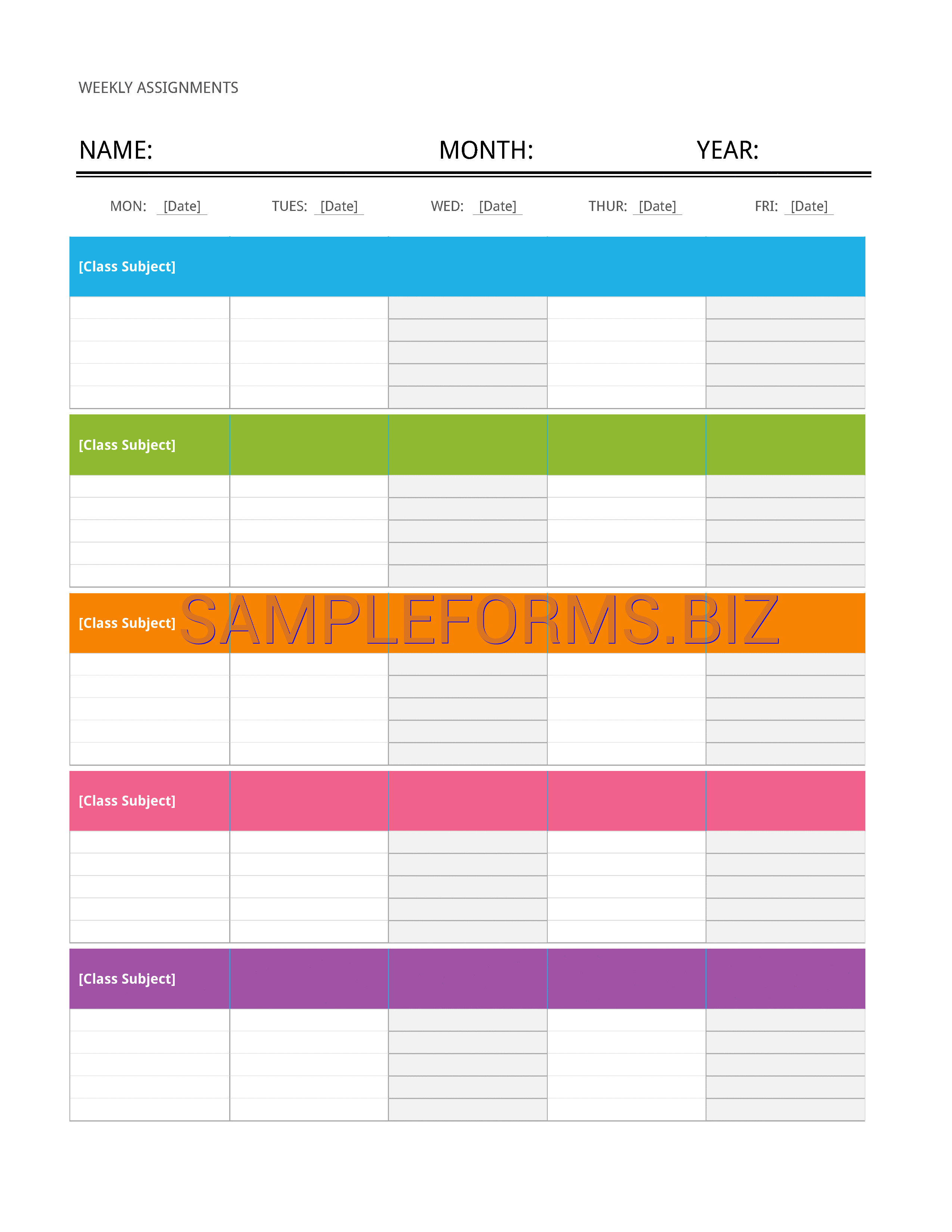 Preview free downloadable Weekly Assignment Calendar Template in PDF (page 1)